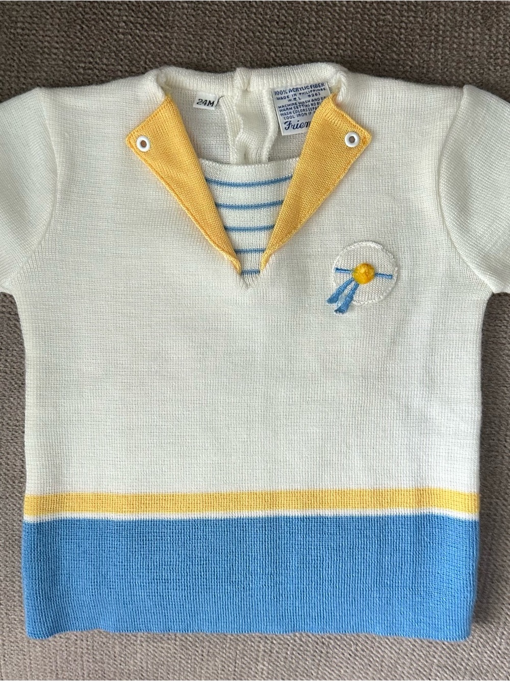 1960s Vintage Toddler Cream & Blue Knit Top with Yellow Trim